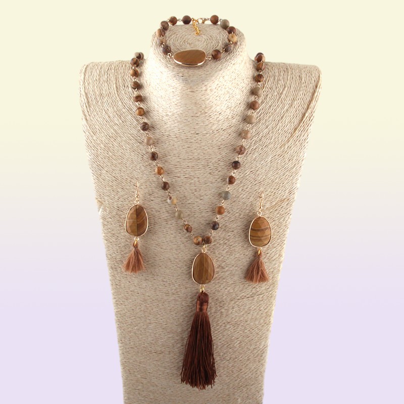 Fashion Jewelry Set Natural Stone Rosary Chain Stone Link Tassel Necklace Bracelet Earring set Y2006028516499