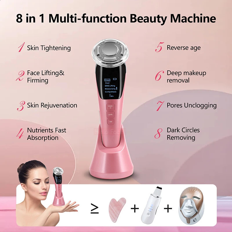 Face Care Devices EMS RF Electric Massager 8 in 1 Skin Tightening Chin Reducer Vibrator Face Lift Frequency Massage Pores Unclogging Device 231116
