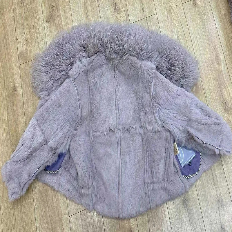 Fourrure femme Fausse fourrure hiver femmes fourrure veste en cuir vraiment naturellement doublure en fourrure de lapin col en peau de mouton manteau court vente Internet Style de célébrité 231116