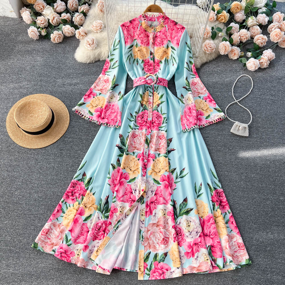 2023 Robes de soirée Runway Designer Mode Vintage Floral Print Maxi Longues Robes de soirée Femmes Col montant Flare Manches Largo Vest274w