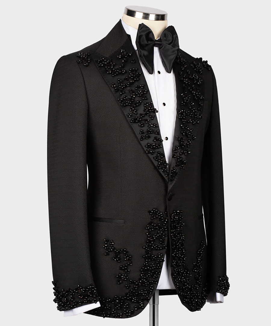 Cuentas negras para hombre, esmoquin, chaqueta de 2 piezas, conjunto de pantalones, trajes de chaqueta de negocios con solapa en pico y cuentas de cristal para novio de boda