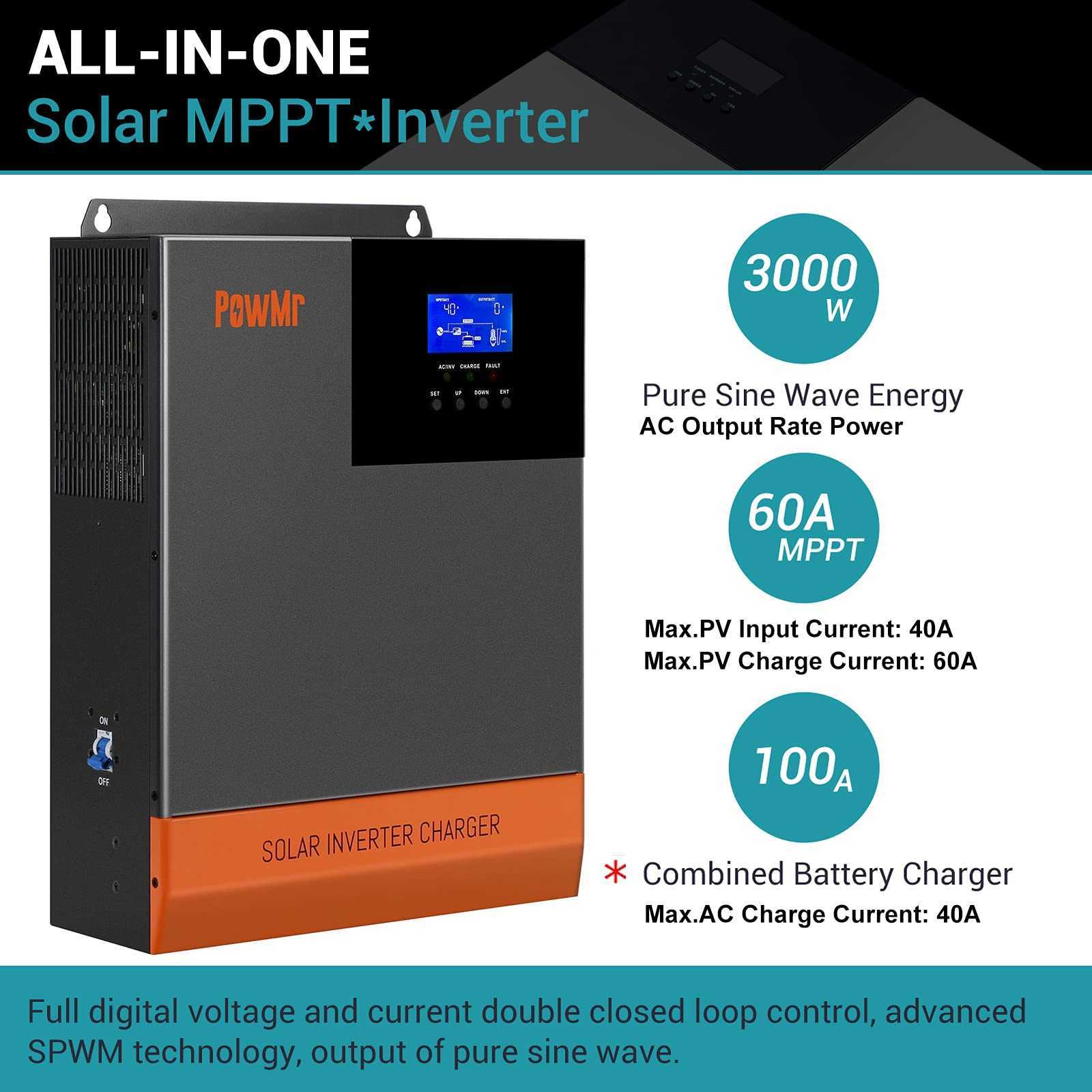 POWMR nieuw ontwerp 3000W 24V hybride inversor MPPT 60A Pure Sine Wave SPWM Solar Charger AC Output 110V 120V LCD Solar Inverter