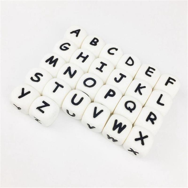 Silicona 26 letras inglesas cuentas de grado alimenticio pulsera de bebé masticar joyería DIY mordedores collar chupete Clip