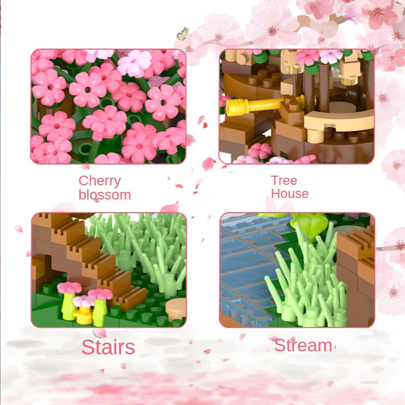 기타 장난감 DIY 변색 벚꽃 꽃 핑크 트리 하우스 열차 조립 조립 빌딩 블록 클래식 모델 벽돌 세트 아이 231116