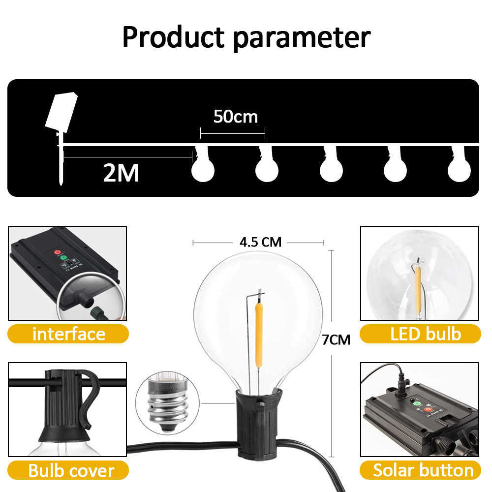 LED -reeksen Solar String Lights Outdoor G40 Patio Lights USB -oplader 8 -lichtmodus Shatterproof Bollen weerbestendig Hanglight P230414
