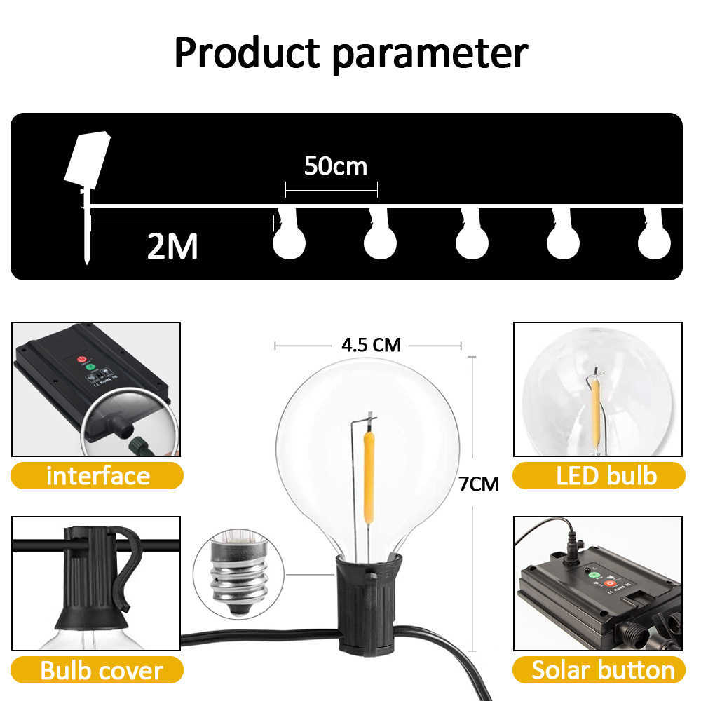 Stringhe LED Luci a stringa solare Luci da esterno G40 esterni Caricatore USB 8 Modalità luce Lampadine infrangibili Lampada a sospensione resistente alle intemperie P230414