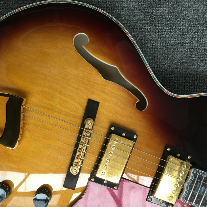 Sunburst Falcon Semi Hollow Body Jazz elektrische gitaar Imperial Tuners Dubbele F-gaten esdoorn body en hals met bloeminleg