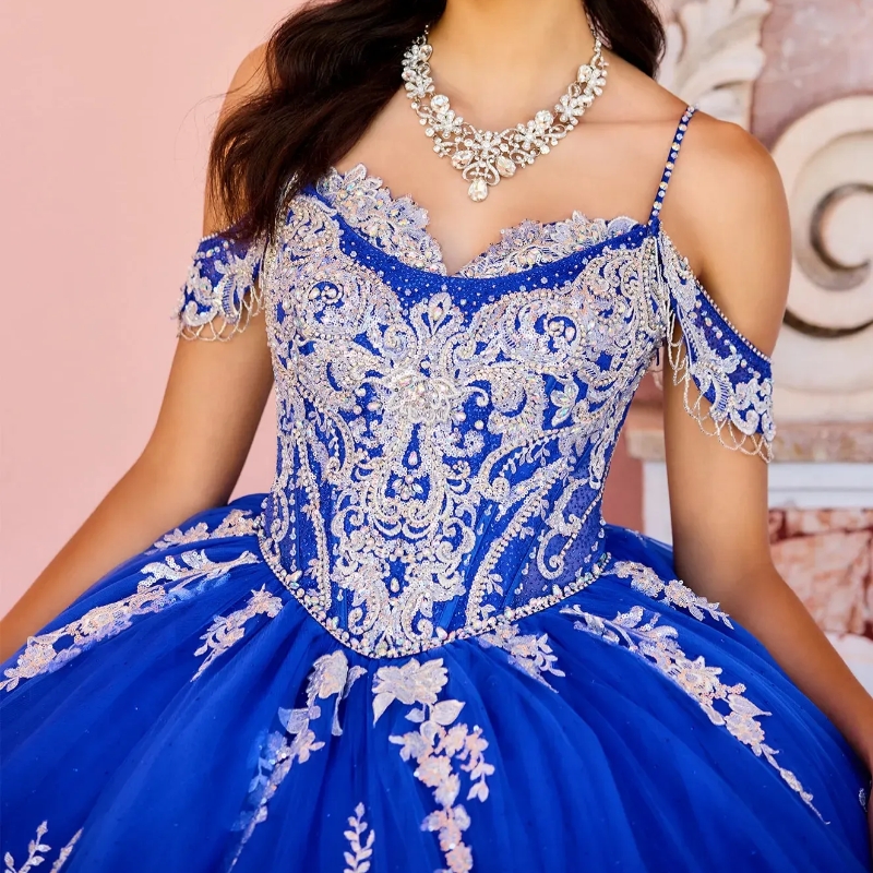 Mexicano azul real brilhante quinceanera vestidos de baile frisado rendas apliques doce 16 vestido princesa rendas até 15 anos