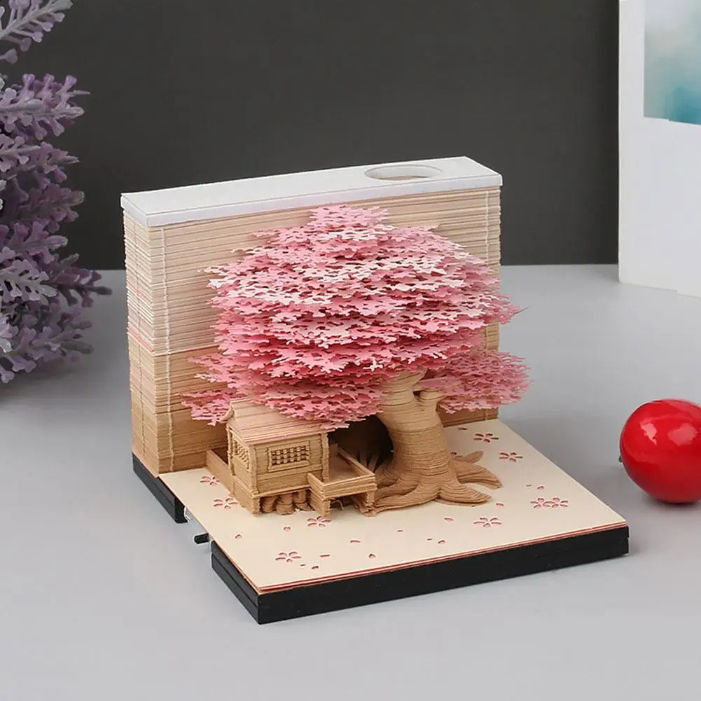 Vazolar Romantik Treehouse 3D Memo Pad Kağıt Oyma Sanat Not Defteri LED Işıklar Ev Dekorasyon Süsleri Yapışkan Notlar 2024 Takvim 231116
