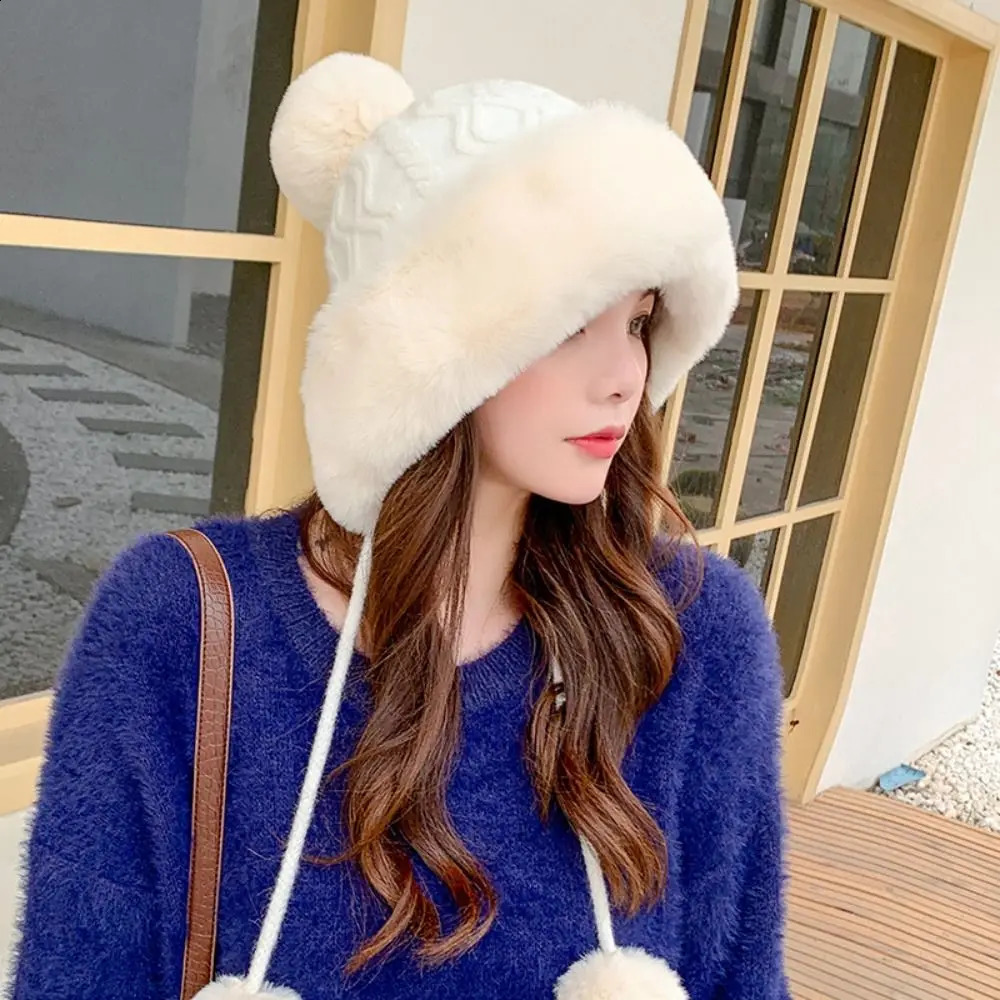 BeanieSkull Caps Fashion Faux Fur Knitted Bobble Beanie Hat Cute Pom Ball Cossack Skiing Furry Cap Winter Thicken Warm Coldproof 231116