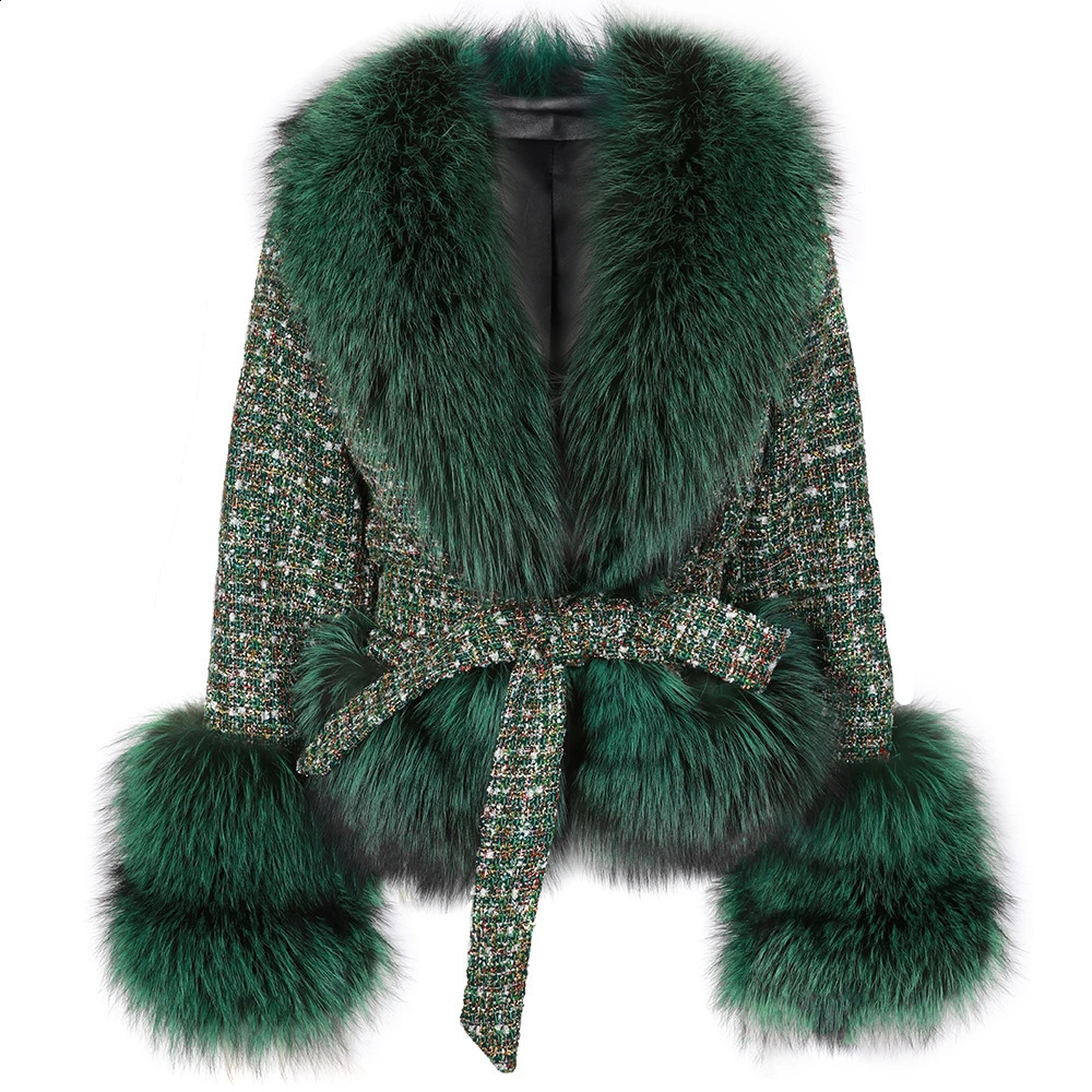 Women's Down Parkas Yoloagain 2023 Autumn Natural Fur Collar Overdimensionerad tweedrock Kvinnor Elegant jacka med Belt Ladies Ytterkläder 231116