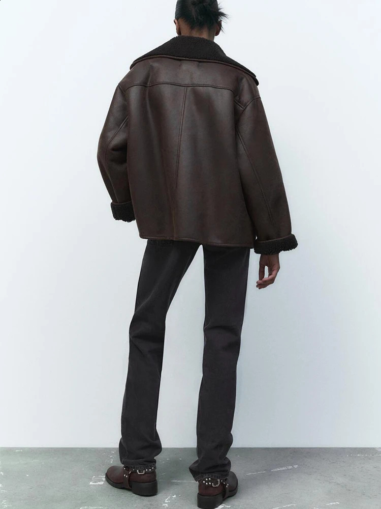 Kadın deri sahte deri ftlzz Sonbahar Kış Motosiklet Ceket Kadın Sokak Giyim Tek Göğüslü Sahte Kuzu Deri Ceket Gevşek Kalın Sahte Süet Dış Giyim 231116