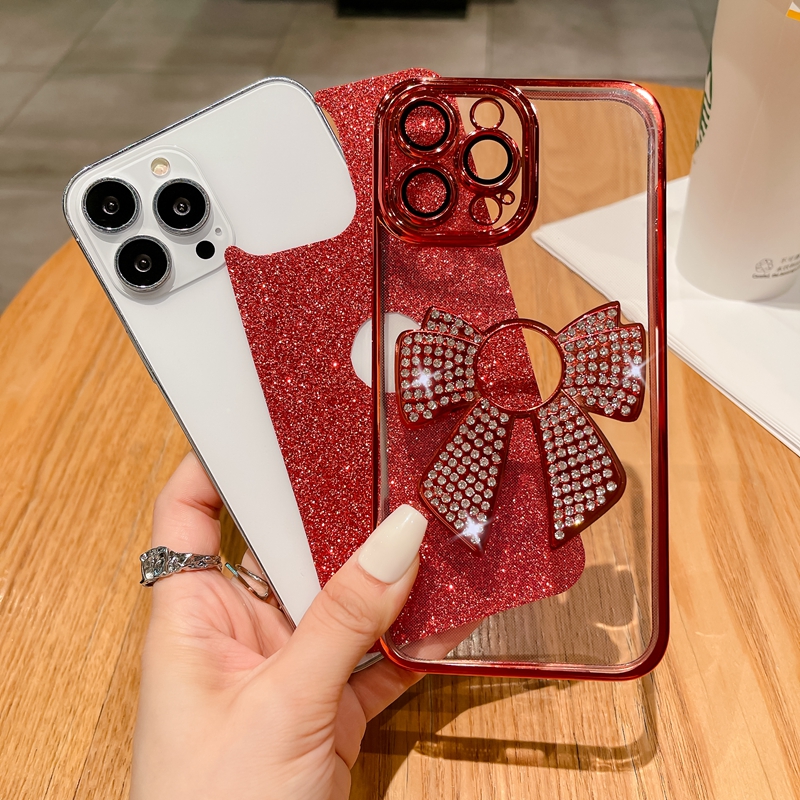 iPhone 15 14 Plus 13 12 11 Pro Max Luxury Soft TPU Bow Bow Glitter Sparkle Gromed Metallic Clear Camera Lens Protector Fine Hole Phone Cover