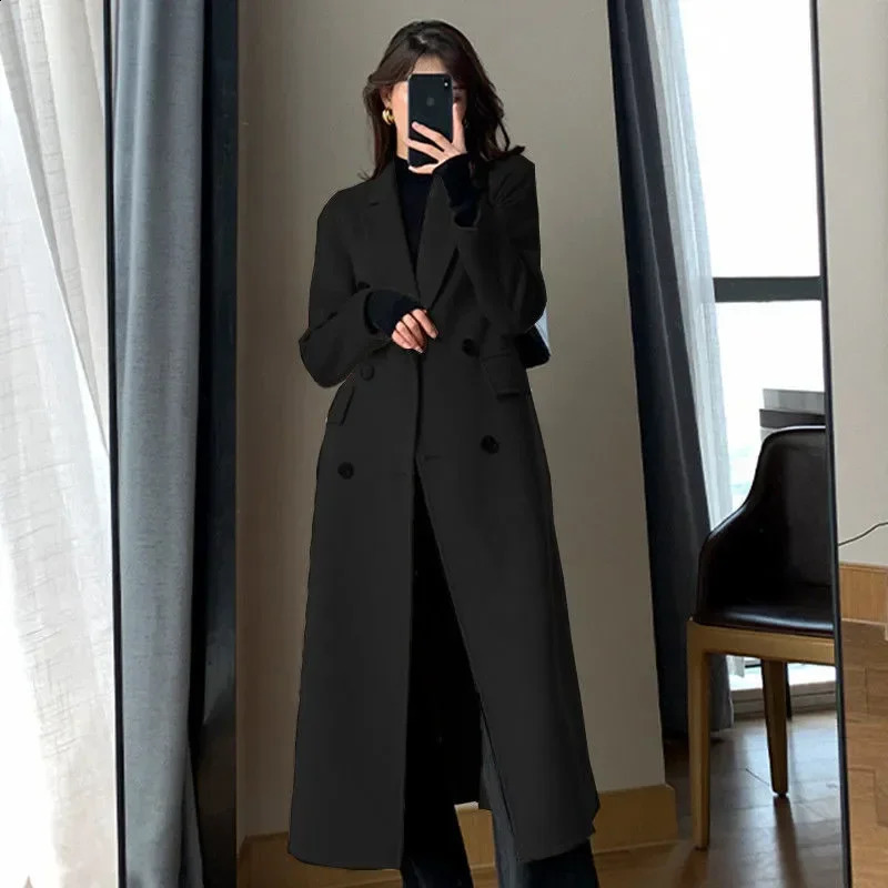 Женский шерстяной модный зимний плащ для женщин Элегантный корейский повседневный двубортный длинный пиджак Черный офисный женский свободный пиджак 231116