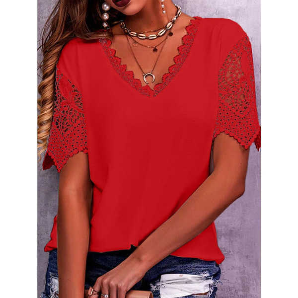 Camiseta de talla grande S-5XL de diseñador para mujer, camiseta con parche de encaje a la moda de verano 2023, camiseta holgada de manga corta con cuello en V, Tops para mujer