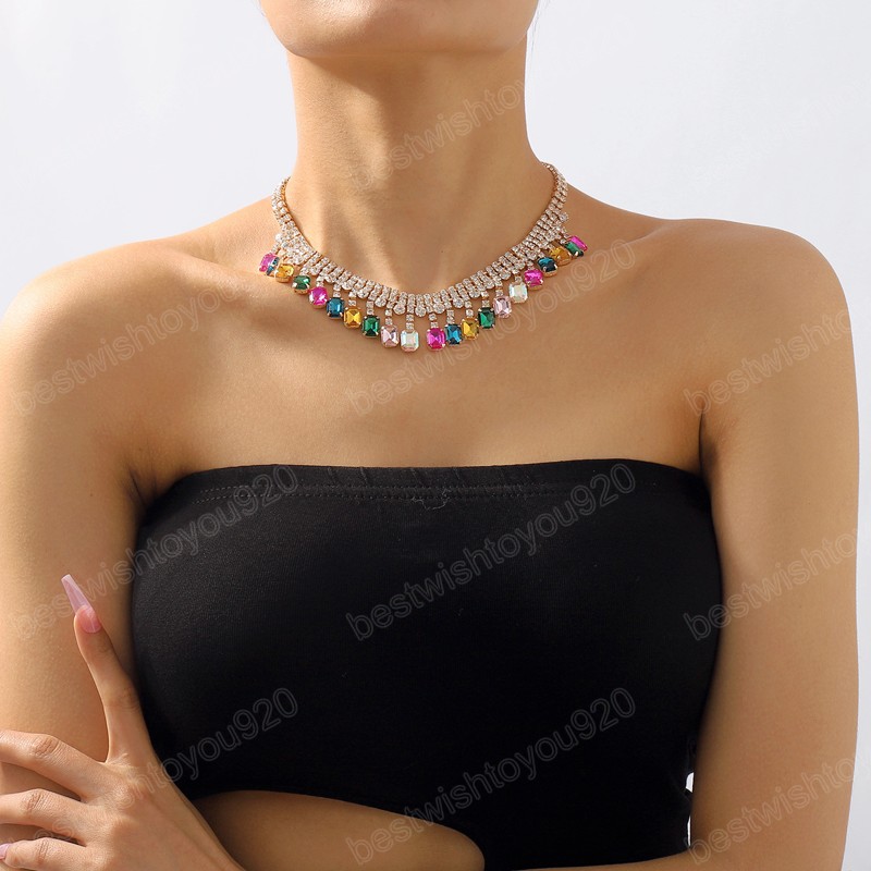 Collier ras du cou en cristal multicolore de luxe pour femmes, collier en strass, bijoux de fête de mariage