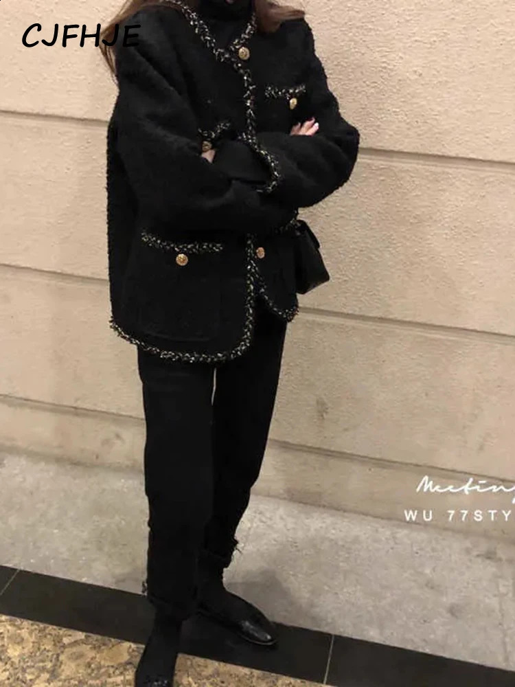 Kadın Ceketler Cjfhje Sıcak Yün Tüvit Ceket Katlar Kadın Kış Koreli Stil Siyah Uzun Kollu Ceketler Kadın Cepleri Tek Yemli Aşık 231116