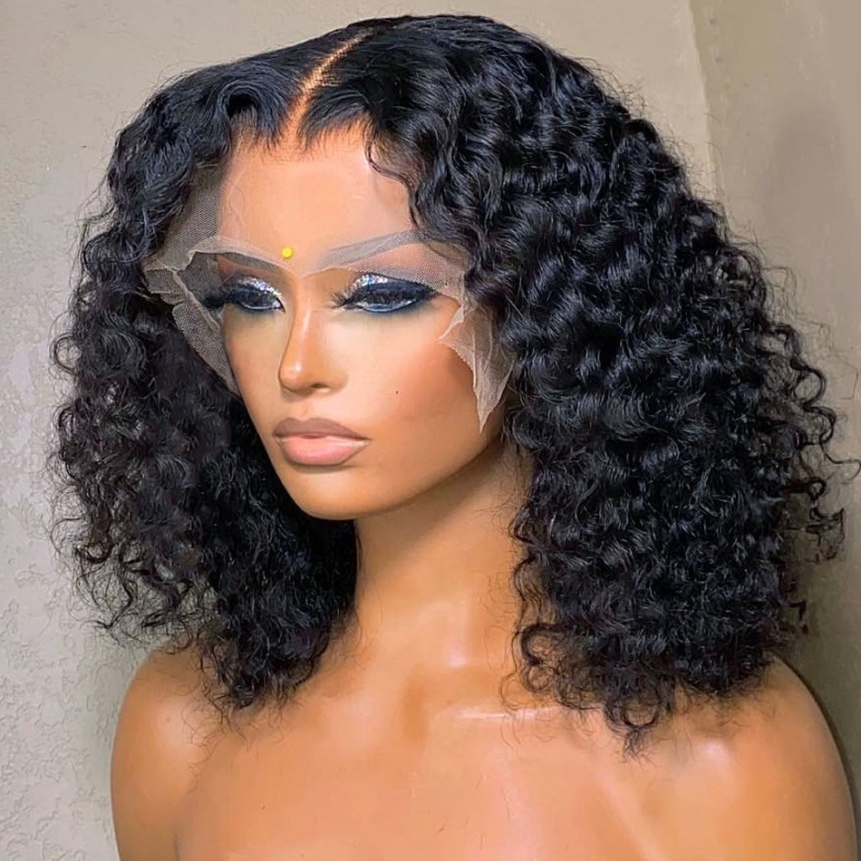 Brasiliano Remy PrePlucked Kinky Curly 13x4 Parrucca anteriore in pizzo Corto Bob frontale Simulazione Parrucche capelli umani Breve Jerry Ricci con frangia