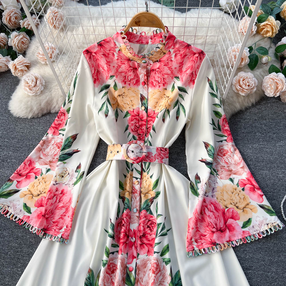 2023 Robes de soirée Runway Designer Mode Vintage Floral Print Maxi Longues Robes de soirée Femmes Col montant Flare Manches Largo Vest298a