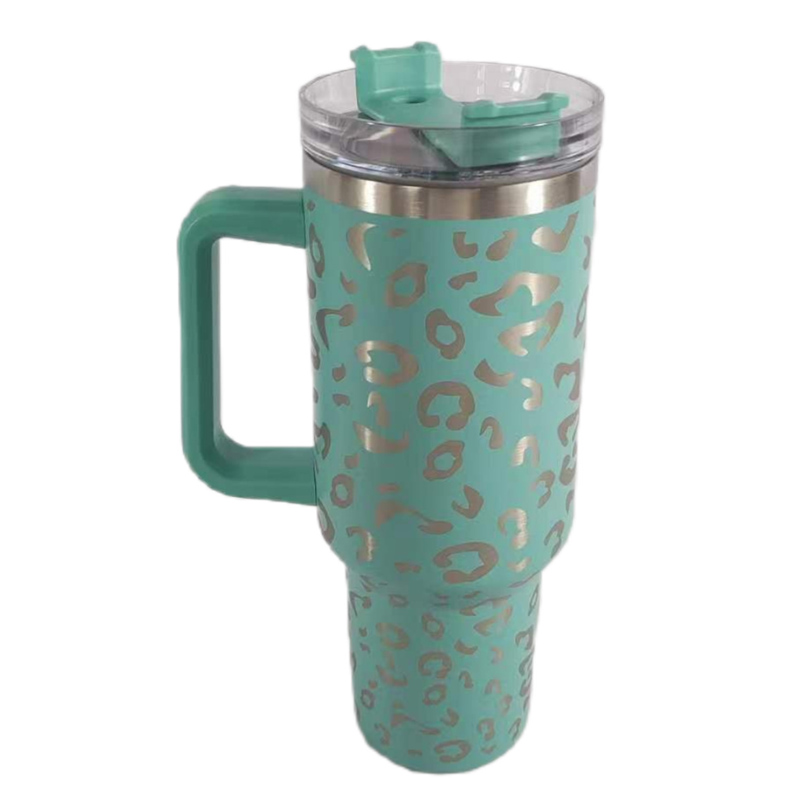 Copo de aço inoxidável com estampa de leopardo, 40 onças, com alça, grande capacidade, caneca para carro, garrafa de água, caneca de viagem isolada, copo de acampamento ao ar livre