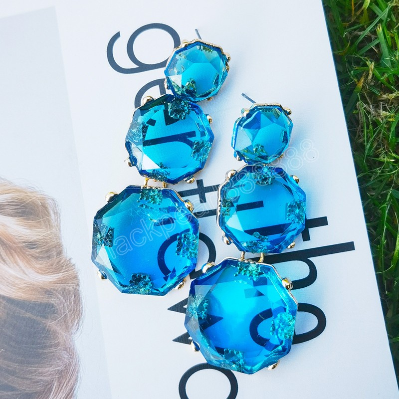 Boucles d'oreilles pendantes embellies en résine transparente pour femmes, multicouches, pendentif rond en métal, bijoux de fête à la mode