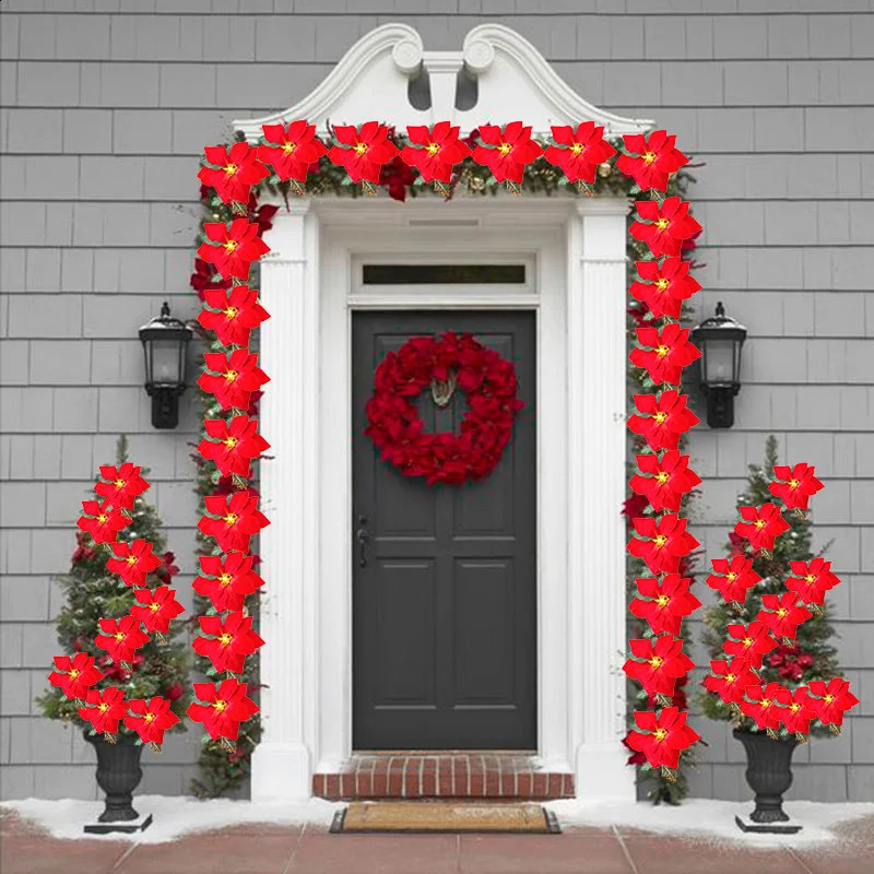 Decorazioni natalizie Poinsettia Fiori Ghirlanda Luci della stringa Ornamenti l'albero di Natale Decorazioni feste all'aperto interni Decorazione Navidad 231116