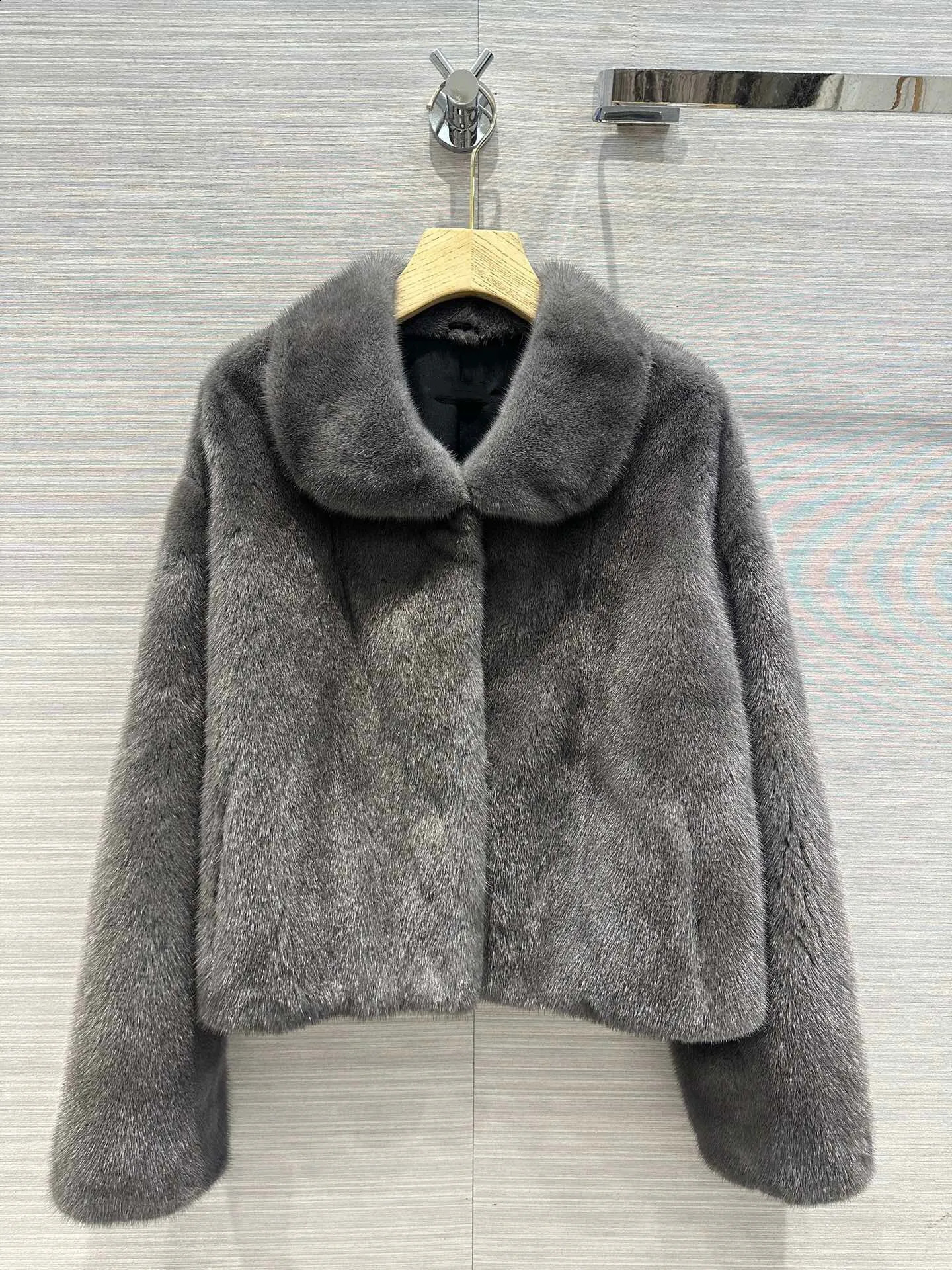 Frauen Pelz Faux Luxus Handgemachte 100 Nerz Mantel 2023 Winter Warme Frauen Kleidung Mode Drehen Unten Kragen Grau Mäntel 231116