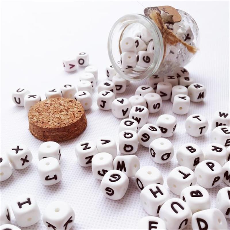 Silicona 26 letras inglesas cuentas de grado alimenticio pulsera de bebé masticar joyería DIY mordedores collar chupete Clip