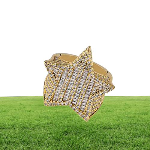 Heren Iced Out 3D Gold Super Star-ringen Micro Pave Zirkonia 14K vergulde gesimuleerde diamanten Hiphop-ring met geschenkdoos8589637