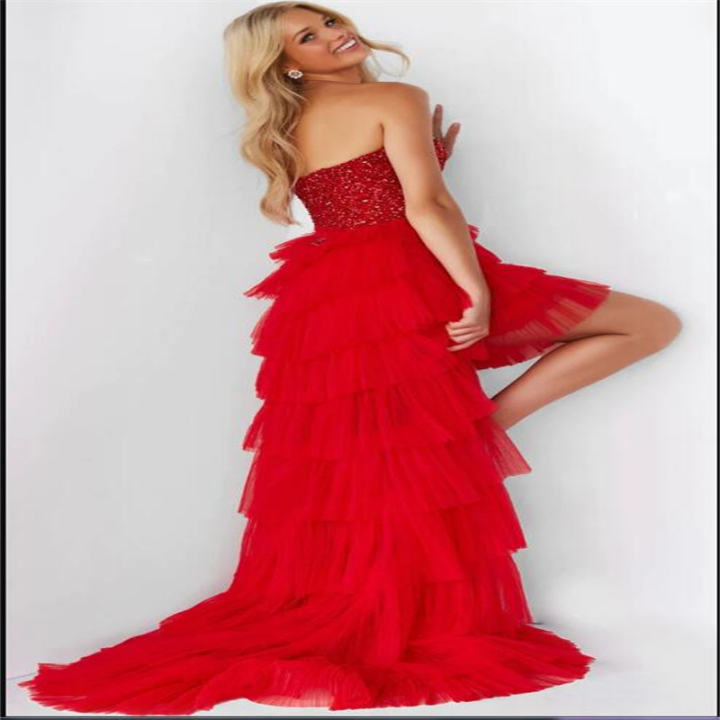 Sem alças longos vestidos de baile hi-lo aaymmetrical moda vermelho vestidos de baile grande miçangas em camadas vestido de noite nova chegada