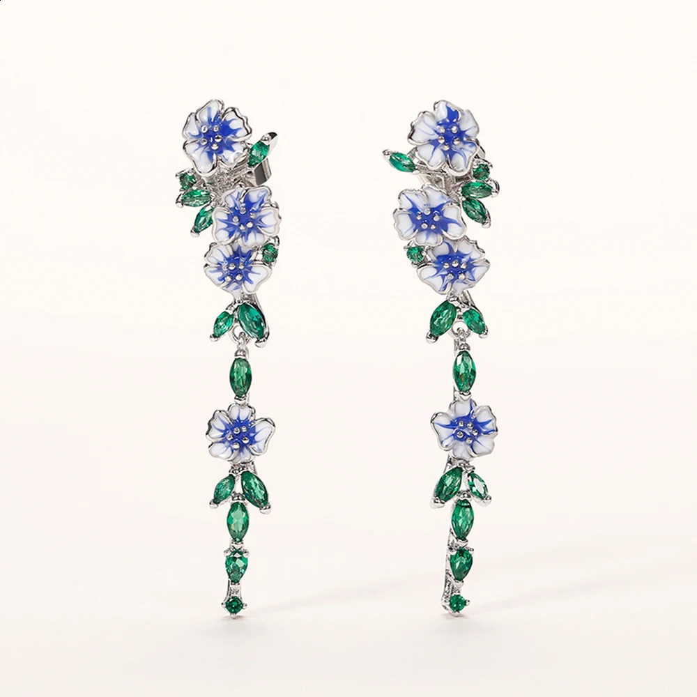 Stud Huitan Vintage Enamel Flower Dangle Earrings Women Temperament Blue Trumpet Flower Long Earrings Wedding Party Aesthetic Jewelry 231116