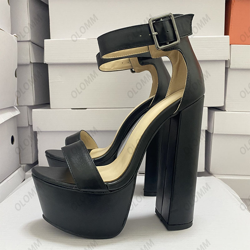 Olomm Customize Color Handmade Women Platform Sandals Faux Leather Chunky Heels Open Toe Elegant Black Party Shoes Size 35-45