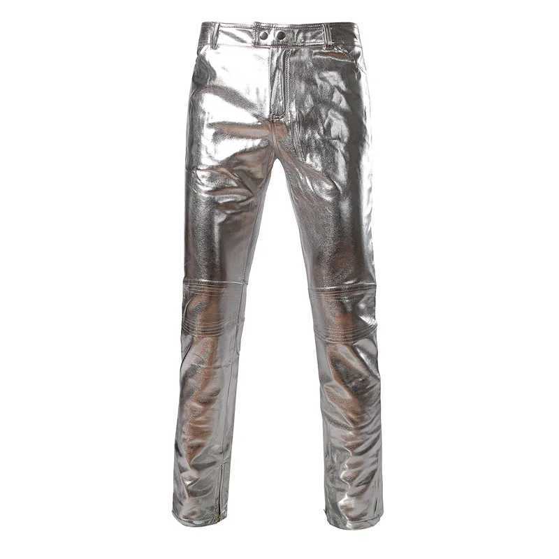 Men's Pants Motorcycle PU Leather Pants Mens Brand Skinny Shiny Gold Silver Black Pants Trousers Nightclub Stage Pants for Singers Dancers J231116