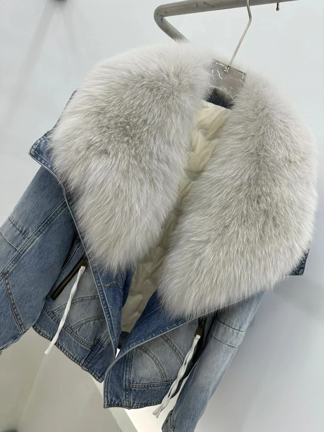 Women's Fur Faux 2023 S Fashion Denim Goose Down Big White Collar Löstagbar fyllning Innerfoder Highend Jacket 231116