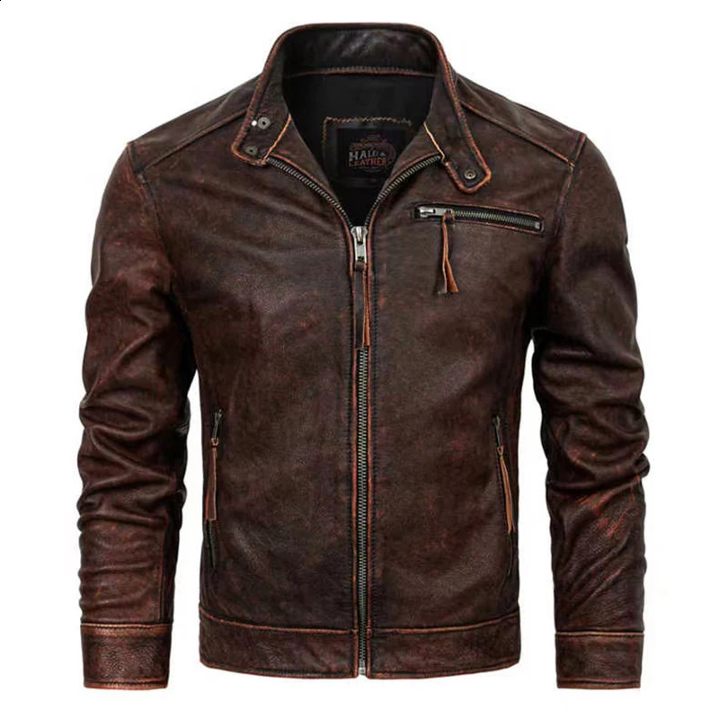 Vestes pour hommes 2023 Printemps Veste de moto en cuir Col montant Style rétro Manteau Couche supérieure en peau de vache CalfskinM1926 231116