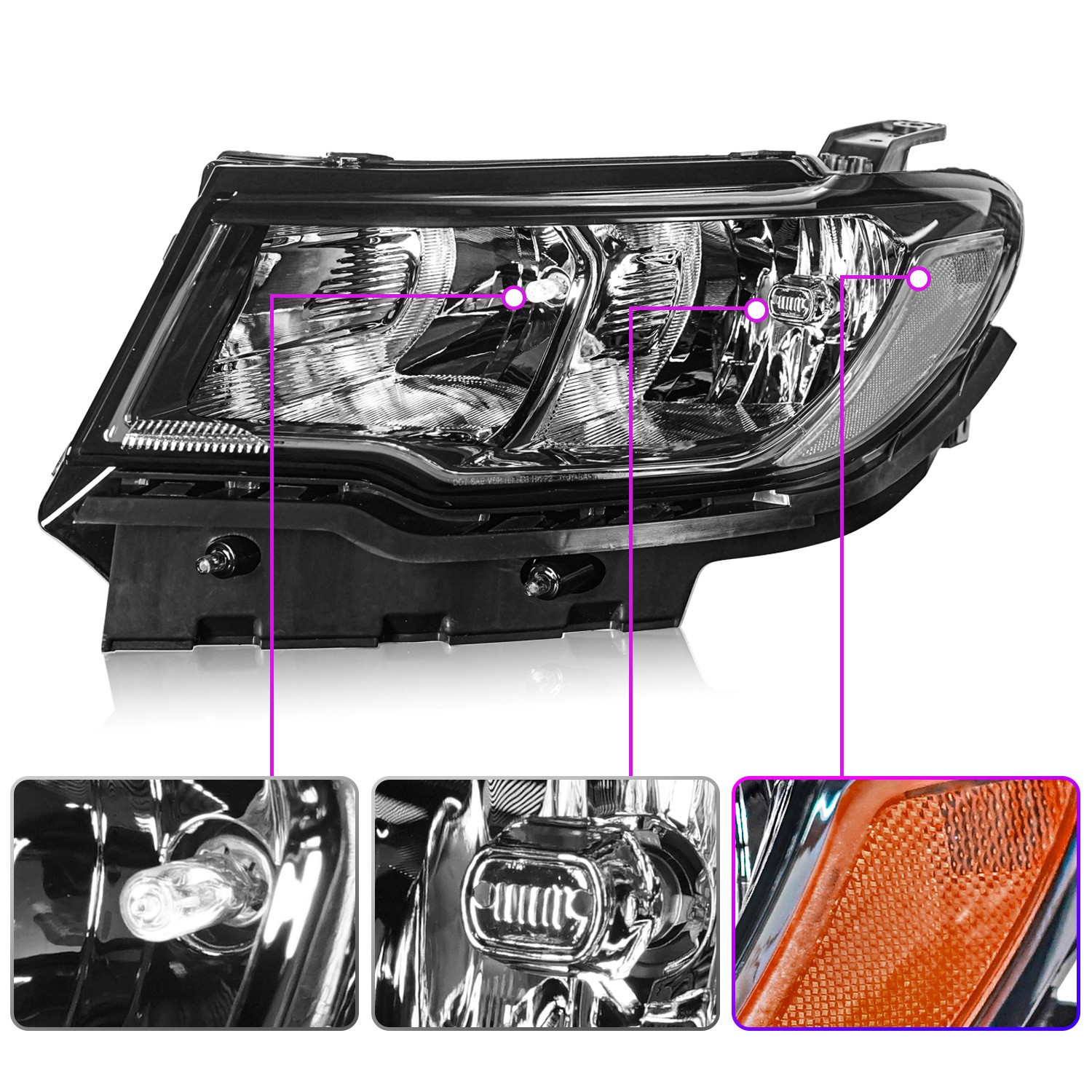 Ursprungstrålkastare för bilar för Jeep Compass 20 17-2021 Front Lamp High Low Beam Highlight Turn Sign Ramlight