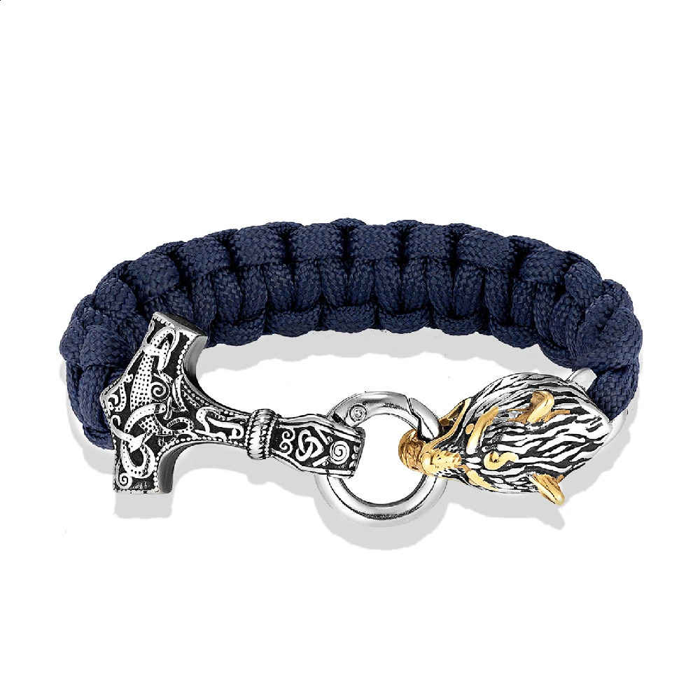 Cuff Viking Nórdico Celta Lobo Pulseiras Homens Paracord Corda Aço Inoxidável Martelo Sobrevivência Pulseira Escandinavo Amuleto Masculino Jóias 231116