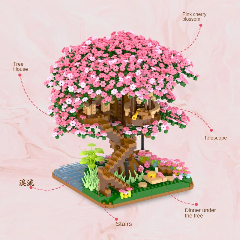 Andra leksaker 2138 st DIY Discoloration Cherry Blossom Flower Pink Tree House Train Assembly Building Blocks Classic Model Bricks Set Kid 231116