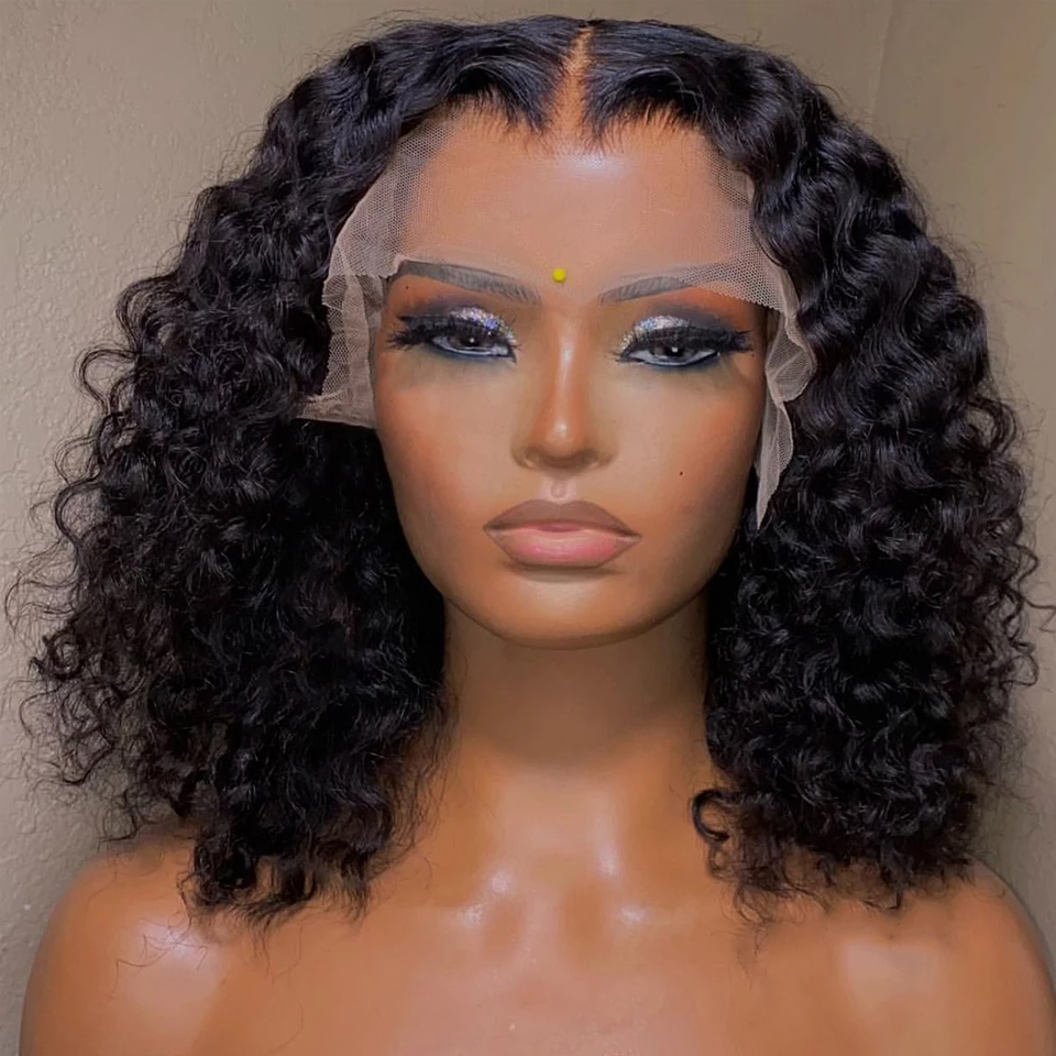 Brasiliansk remy förplucked kinky curly 13x4 spets front peruk kort bob frontal simulering mänskliga hår peruker korta jerry lockiga med lugg