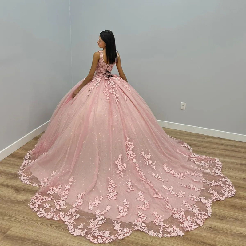 Pink Sexy V-Neck Ball Gown Quinceanera Dresses 15 Party Birthday Applique Lace Vestidos De Debutante Ballkleid Hot