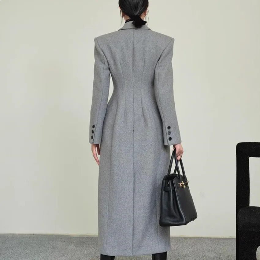 Women's Wool Blends French Xlong Gray Overcoat Women Autumn Winter Small Fragrance Slim Waist Woolen Coat 231116