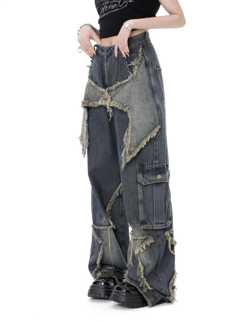 Damesjeans vrouwen ster stiksels kwastje broek Amerikaanse retro high street jeans losse wijde pijpen broek trendy punk y2k broek 231116