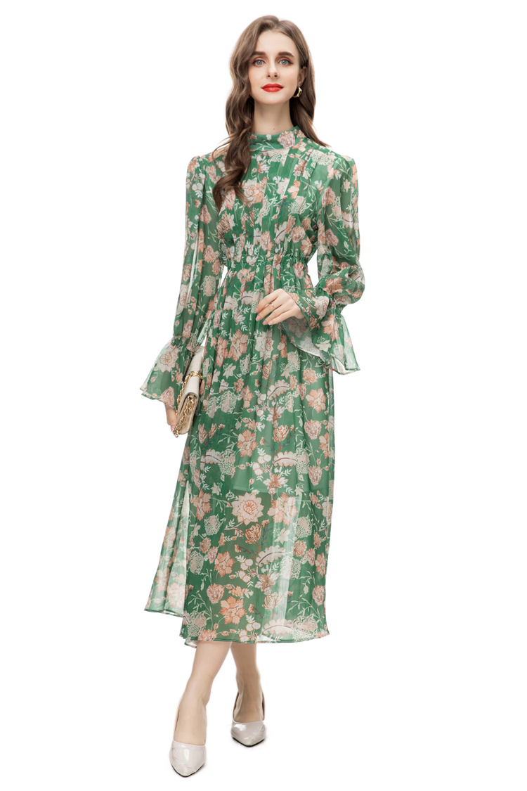 Women's Runway Dresses Stand Collar Long Sleeves Floral Printed High Street Fashion Mid Vestidos