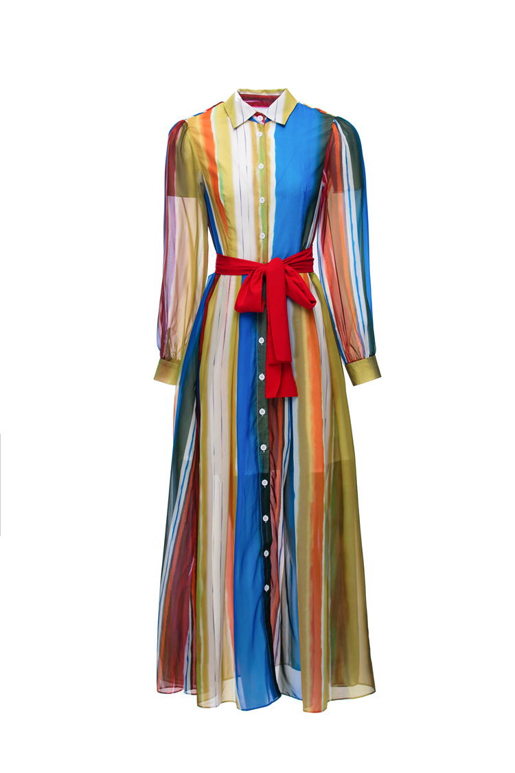 Vestidos femininos de passarela, gola aberta, mangas compridas, estampa colorida, cinto com cadarço, vestidos de estilistas de rua
