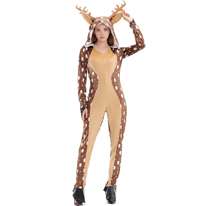 Cosplay dorosły dziecko Bożego Narodzenia kostium reniferowy Dziewczyny Kobiety z kapturem Przytulny pławk jelenia kostium onesie Fawn Deer kombinezon dla dzieci 231116