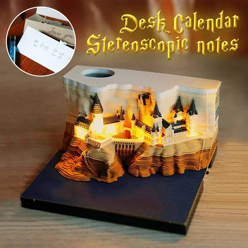 Calendário Magic Castle 3D Notepad2024 Memo Pad Bloco Notas Nota Papel Com LightStationery Acessórios Novidade Presente Presentes de Nascimento 231116