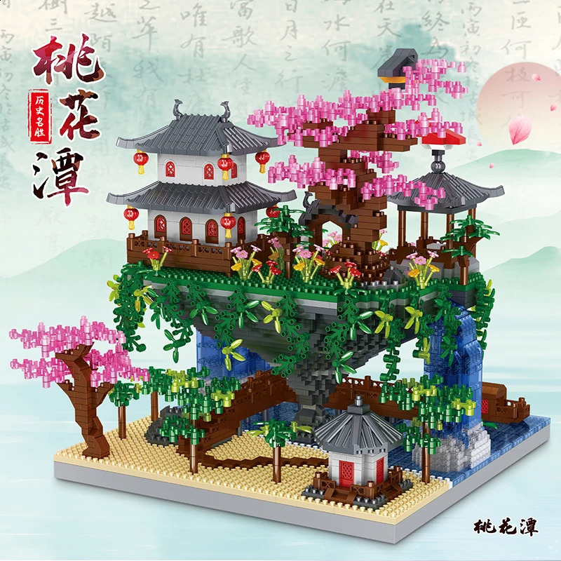 Blocchi Mattoni diamantati Sakura Tree House Building Blocks Architettura del giardino cinese Cascata Fai da te Assemblare giocattoli Regalo adulti 231116