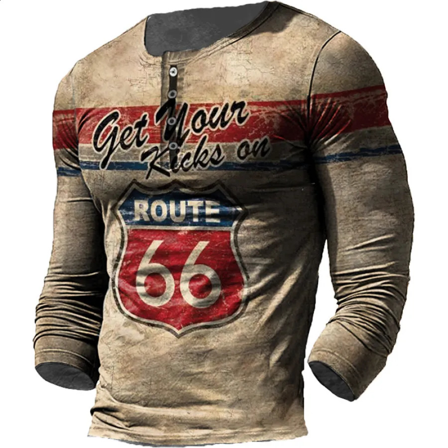 Męskie tshirty vintage T Shirt z długim rękawem Bawełniane TOP TEES USA Route 66 Litera Graphic 3D Print Tshirt Fall Oversized Loose Odzież 5xl 231116