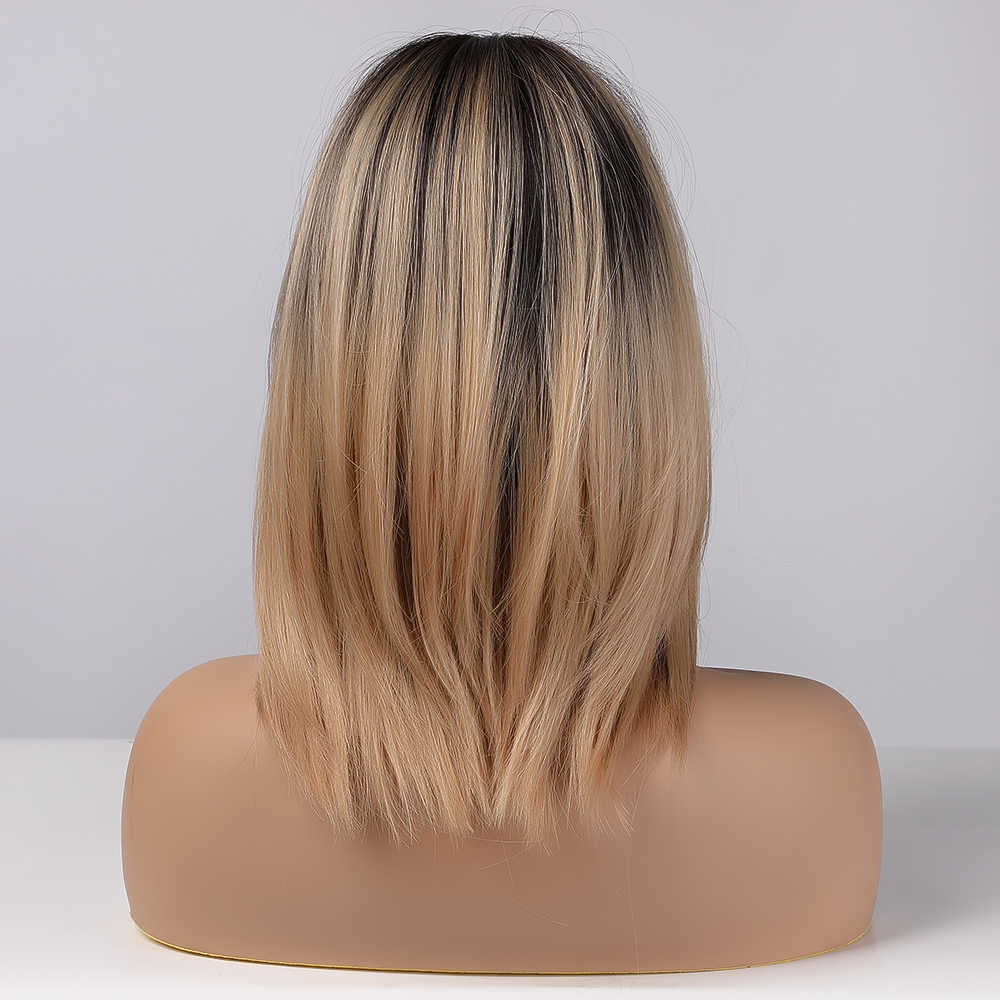 Perucas sintéticas Easihair Brown Blonde ombre perucas para mulheres cabelos sintéticos em camadas em camadas com franja lateral peruca resistente ao calor 2302227