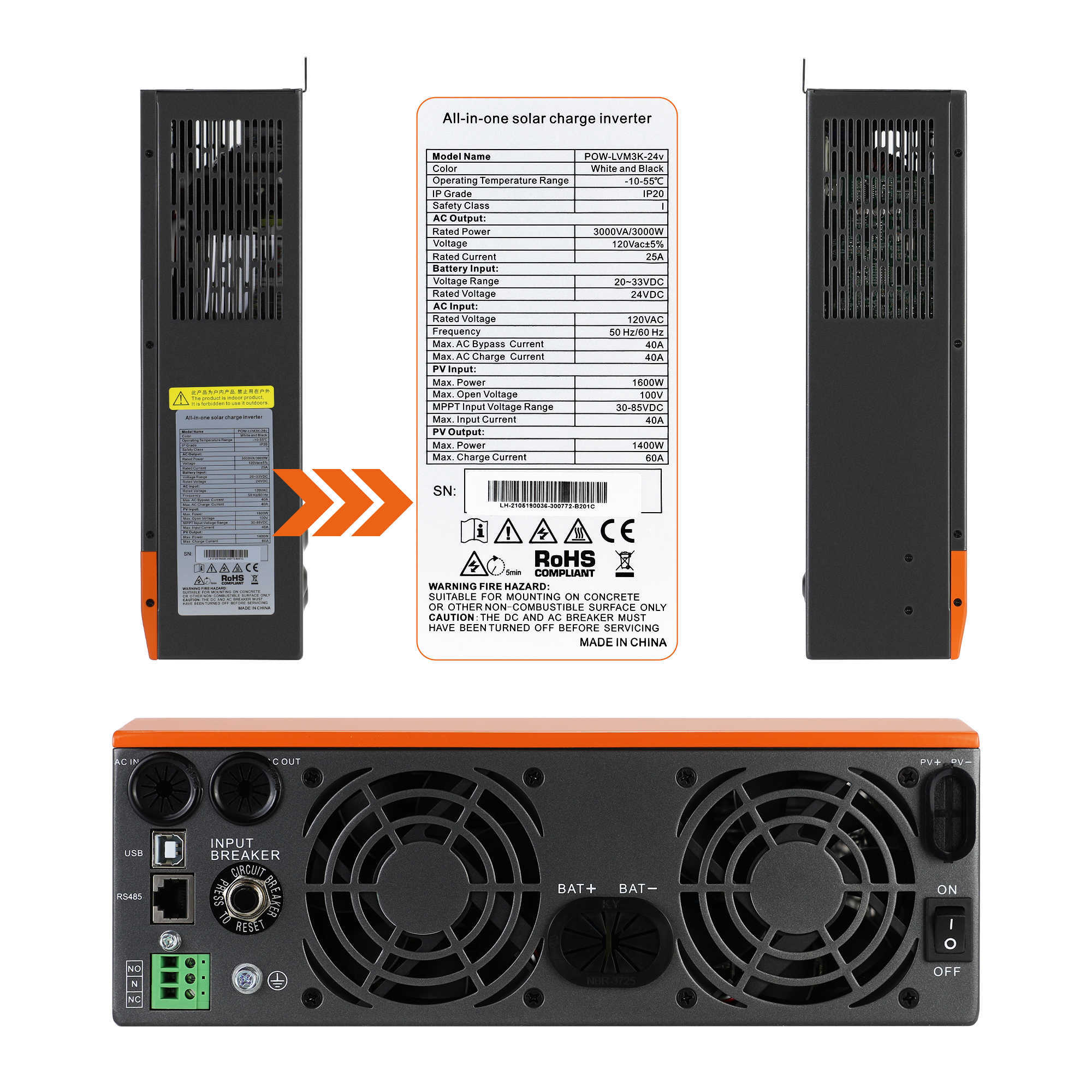 PowMr nouveau Design 3000W 24V inverseur hybride MPPT 60A onde sinusoïdale Pure SPWM chargeur solaire sortie ca 110V 120V LCD onduleur solaire